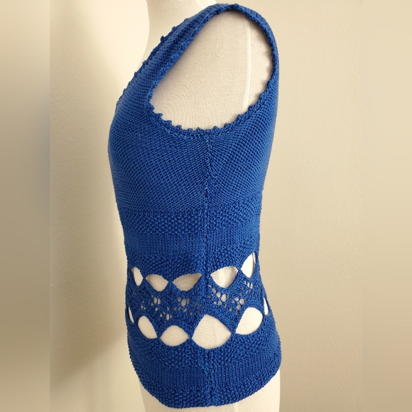 Vintage knit crochet top blue cotton cutout tank scoop neck sleeveless boho S M - Picture 2 of 16
